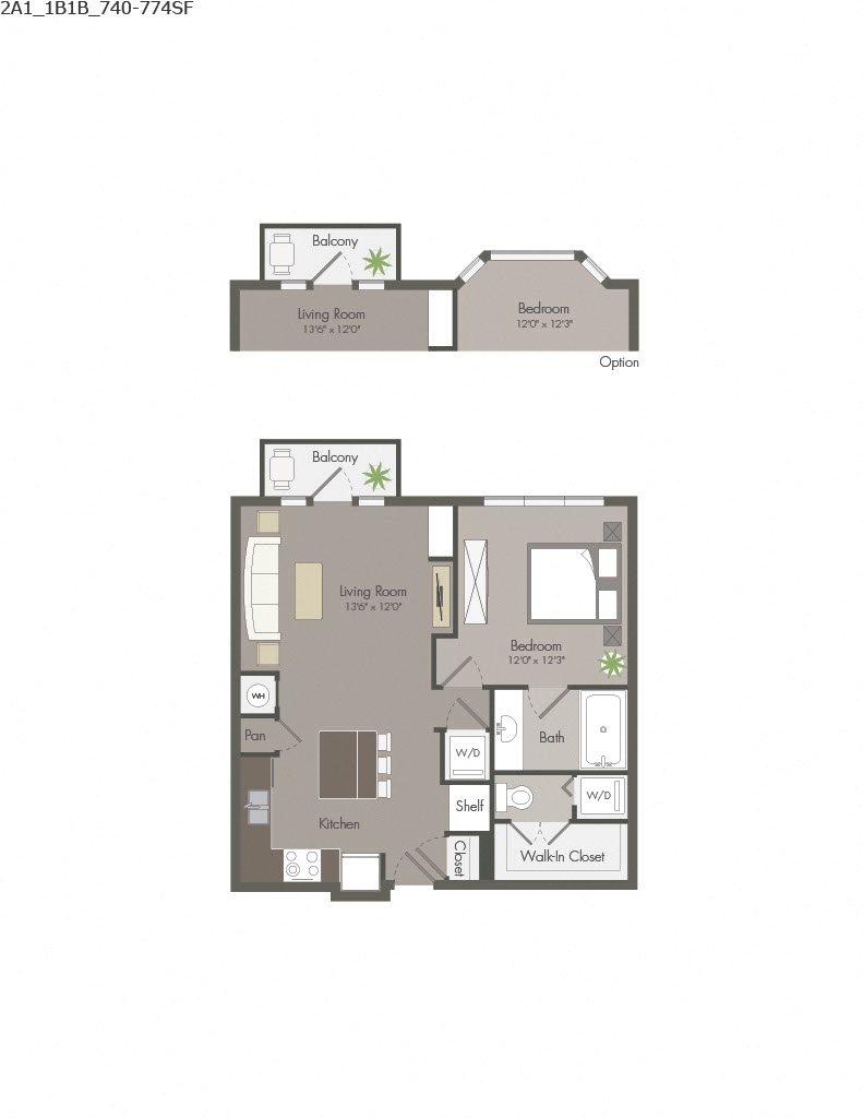 Floor plan for 1 bed, 1 bath, 756 sqft